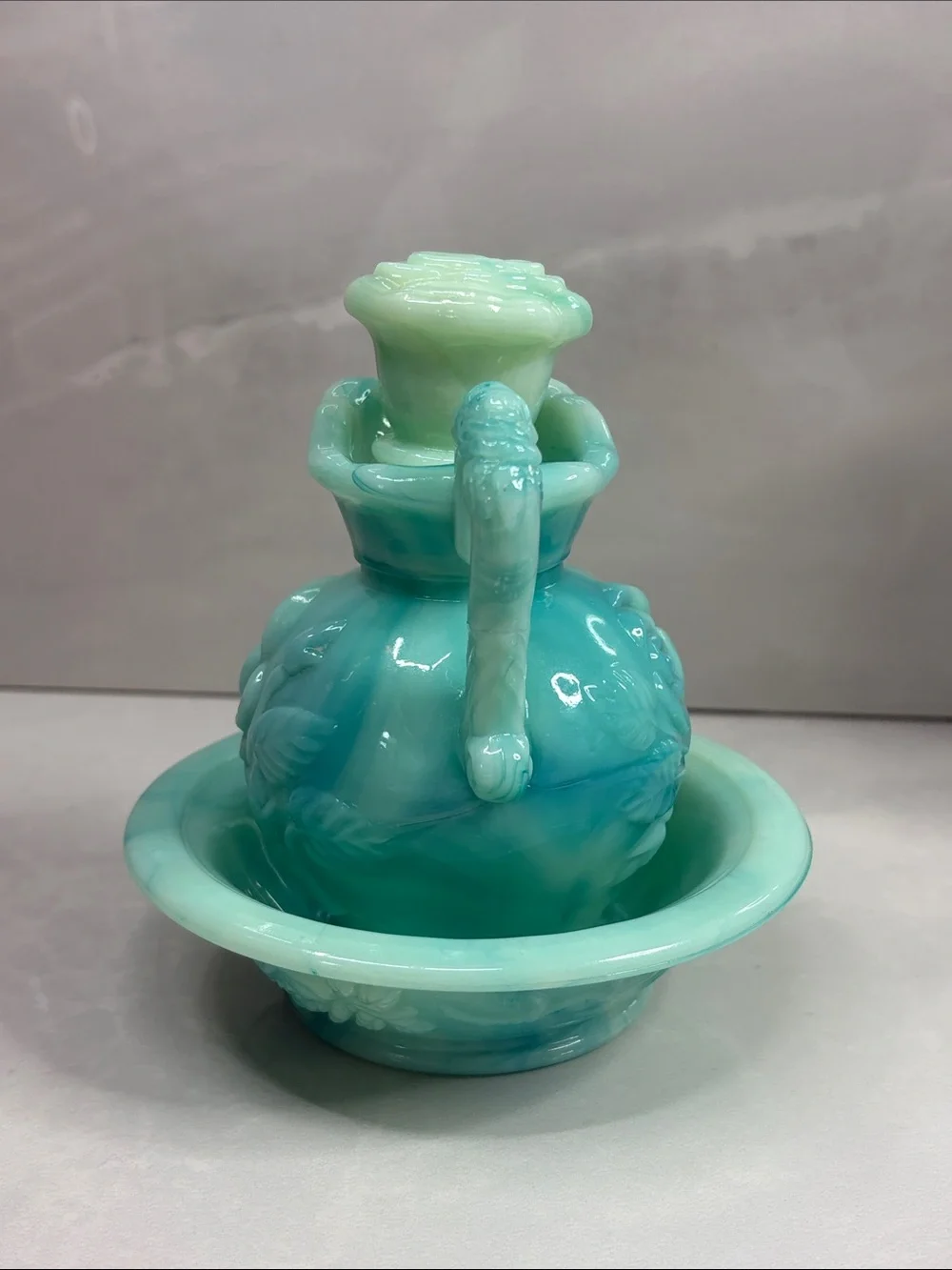 Vintage 1971 Avon Victoriana Skin So Soft Jadeite Slag Glass Pitcher & Bowl Set